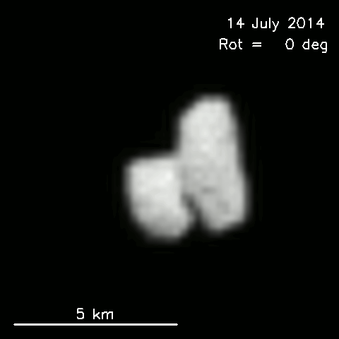 Vista del cometa 67P/CG rotando. Tomado el 14 de julio de 2014. Créditos: ESA / Rosetta / MPS para OSIRIS equipo MPS / UPD / LAM / IAA / SSO / INTA / UPM / DASP / IDA