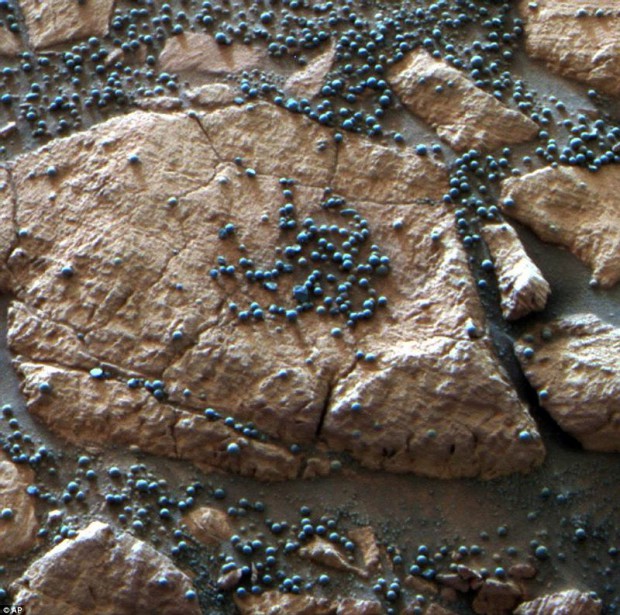 «ARÁNDANOS» DE MARTE — Estas esférulas estaban incrustadas en la roca marciana como arándanos a un muffin y fueron liberadas con el tiempo gracias a la erosión.